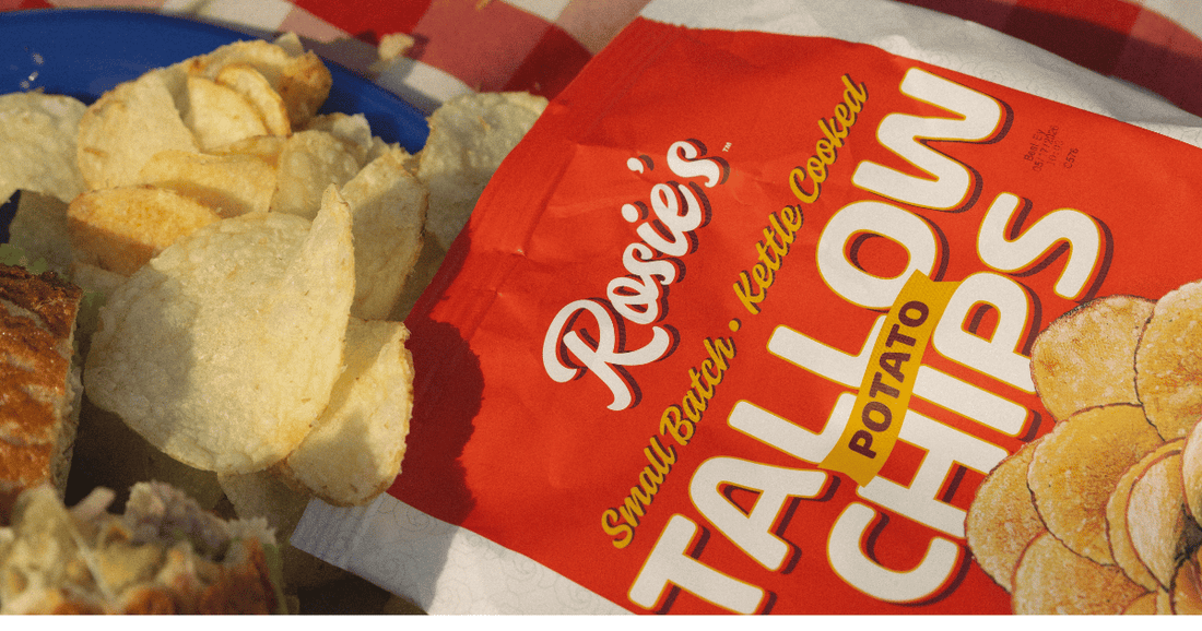 Rosie's Chips fried with the best oil for frying potato chips displayed on a picnic mat.